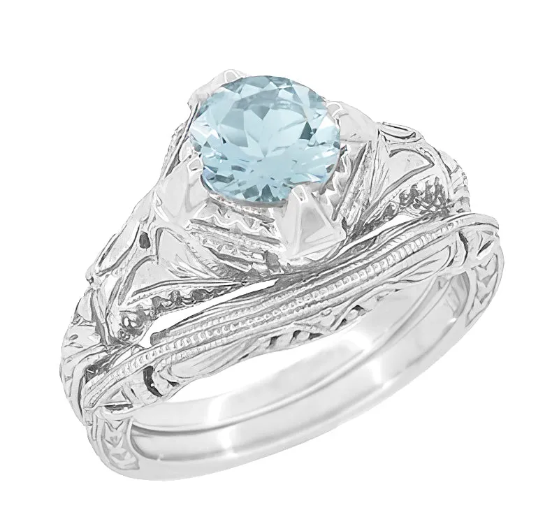 Art Deco Engraved Filigree Aquamarine Engagement Ring in 14 Karat White Gold -  1.25 Carat