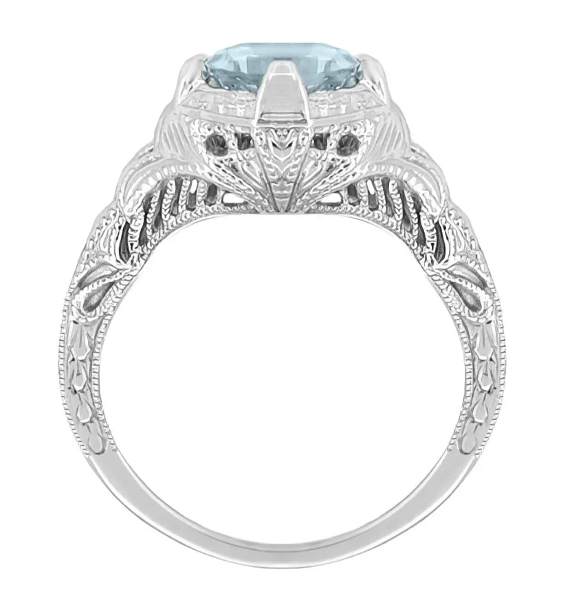 Art Deco Engraved Filigree Aquamarine Engagement Ring in 14 Karat White Gold -  1.25 Carat