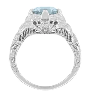 Art Deco Engraved Filigree Aquamarine Engagement Ring in 14 Karat White Gold -  1.25 Carat