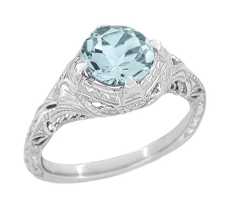 Art Deco Engraved Filigree Aquamarine Engagement Ring in 14 Karat White Gold -  1.25 Carat