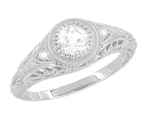 Art Deco Engraved Filigree Diamond Low Profile Engagement Ring in White Gold - 14K or 18K