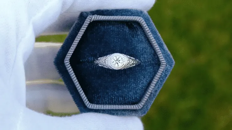 Art Deco Engraved Filigree Diamond Low Profile Engagement Ring in White Gold - 14K or 18K