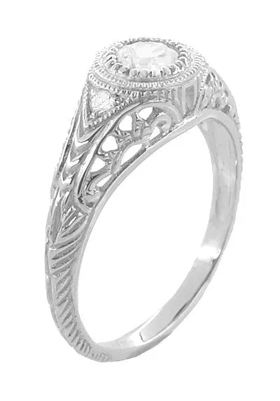 Art Deco Engraved Filigree Diamond Low Profile Engagement Ring in White Gold - 14K or 18K