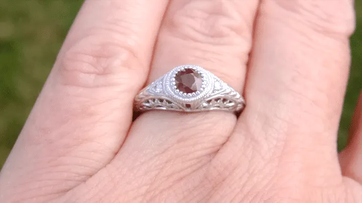 Art Deco Engraved Ruby and Diamond Filigree Engagement Ring in Platinum