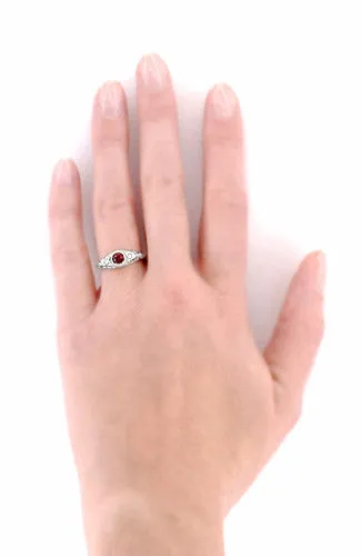 Art Deco Engraved Ruby and Diamond Filigree Engagement Ring in Platinum