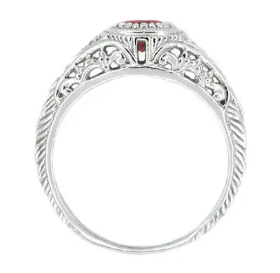 Art Deco Engraved Ruby and Diamond Filigree Engagement Ring in Platinum