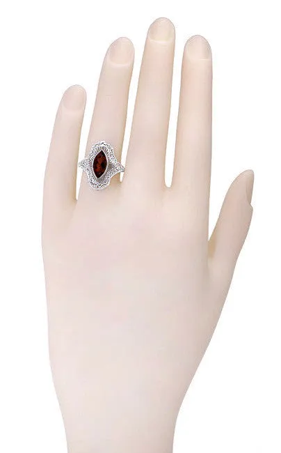 Art Deco Filigree Marquise Garnet Cocktail Ring in Sterling Silver - 2.80 Carats