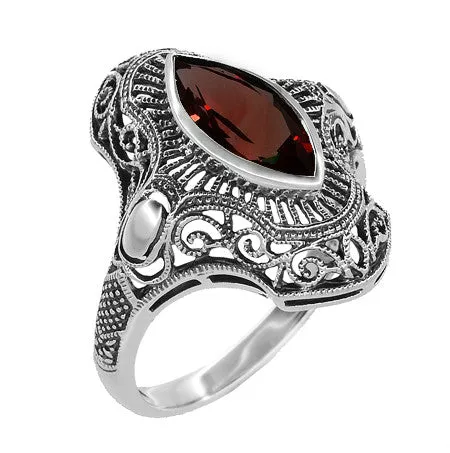 Art Deco Filigree Marquise Garnet Cocktail Ring in Sterling Silver - 2.80 Carats