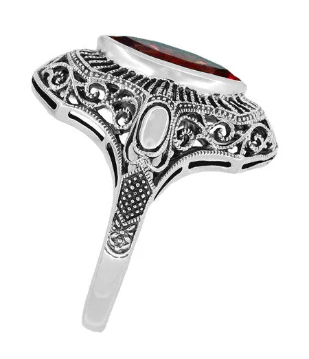 Art Deco Filigree Marquise Garnet Cocktail Ring in Sterling Silver - 2.80 Carats