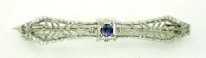 Art Deco Filigree Sapphire Brooch in 14 Karat White Gold