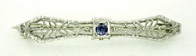 Art Deco Filigree Sapphire Brooch in 14 Karat White Gold