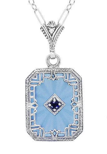Art Deco Filigree Sky Blue Sun Ray Crystal Pendant Necklace with Sapphire and Diamond in Sterling Silver