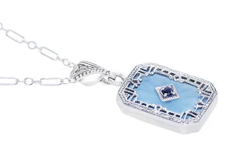 Art Deco Filigree Sky Blue Sun Ray Crystal Pendant Necklace with Sapphire and Diamond in Sterling Silver