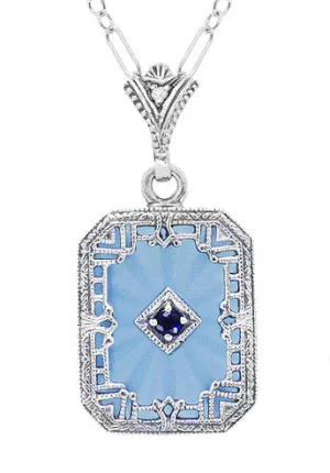 Art Deco Filigree Sky Blue Sun Ray Crystal Pendant Necklace with Sapphire and Diamond in Sterling Silver