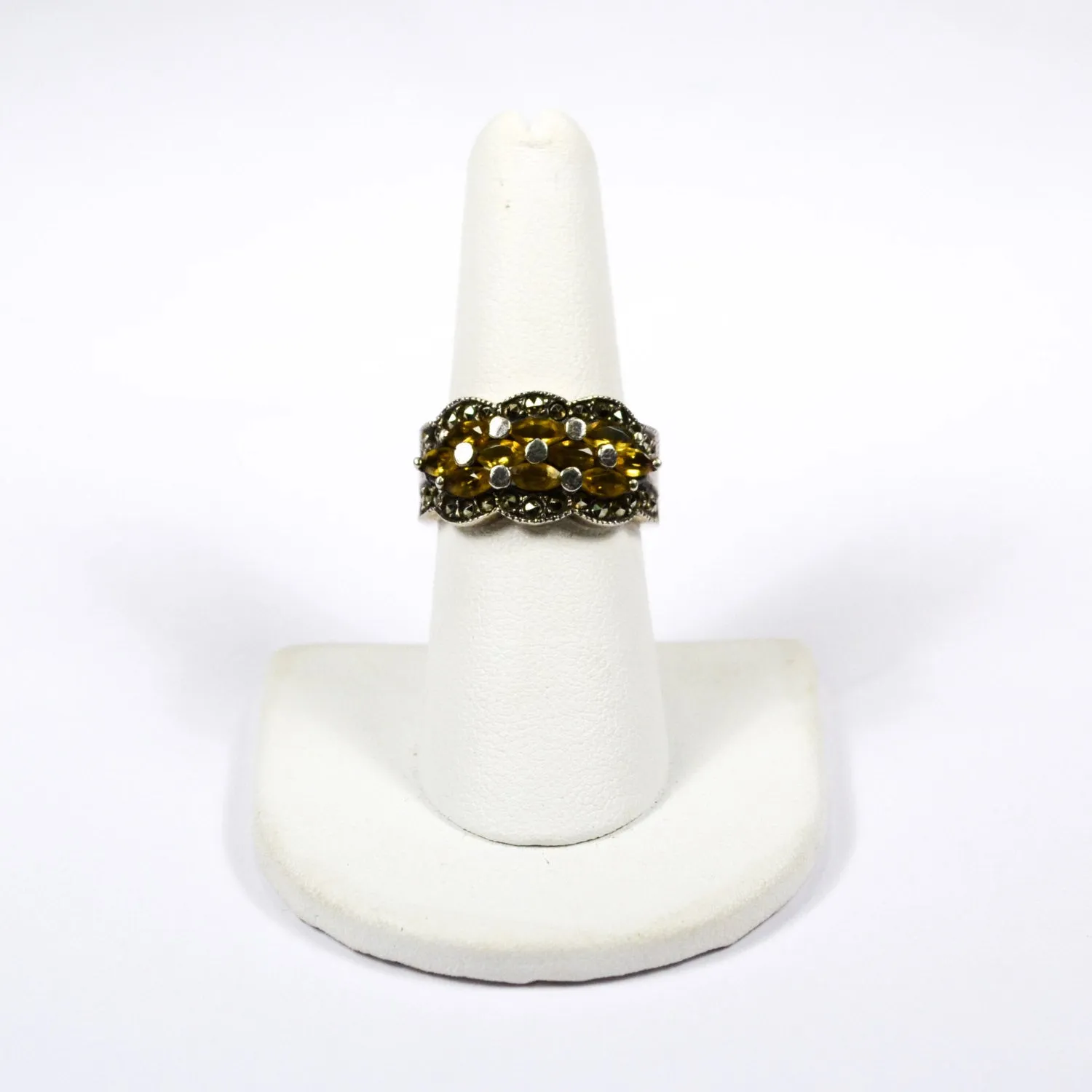 Art Deco Inspired Yellow Citrine and Marcasite Ring set in Sterling Silver