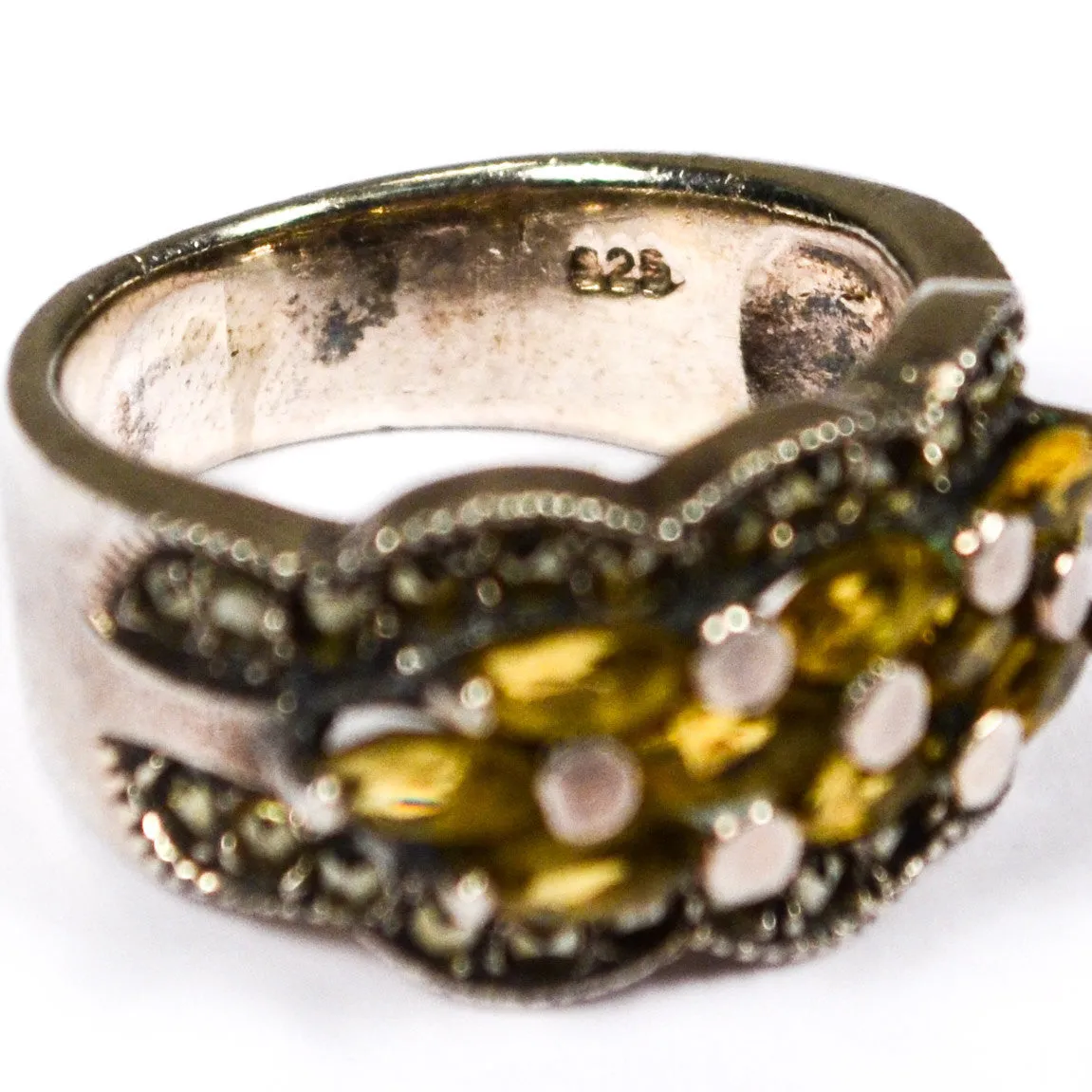 Art Deco Inspired Yellow Citrine and Marcasite Ring set in Sterling Silver