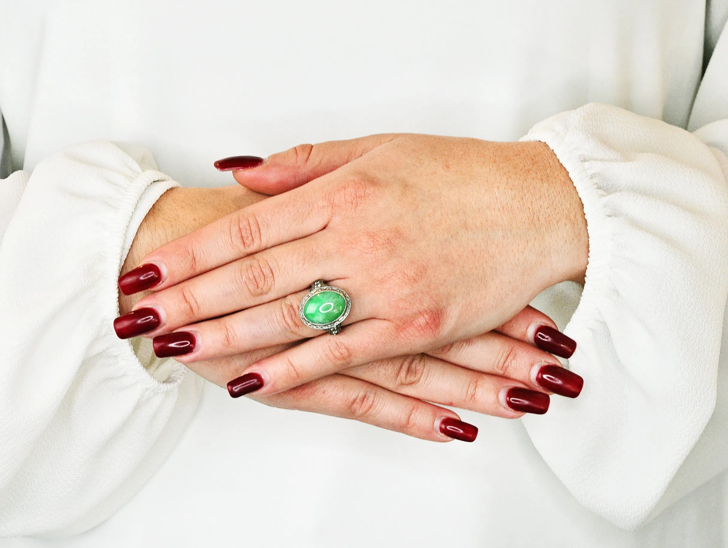 Art Deco Jade Diamond Platinum Cabochon Ring