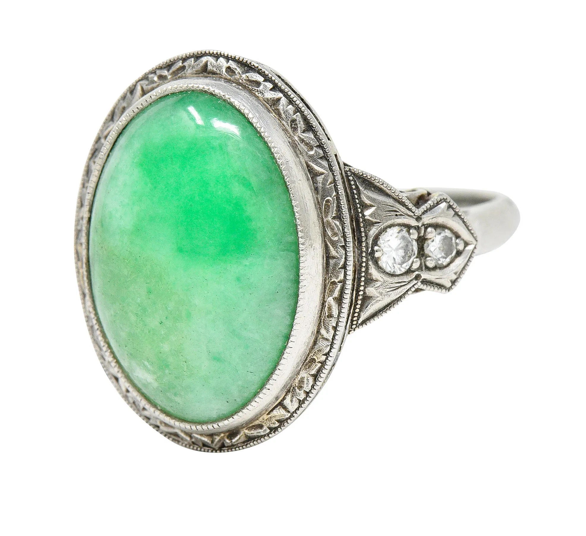 Art Deco Jade Diamond Platinum Cabochon Ring