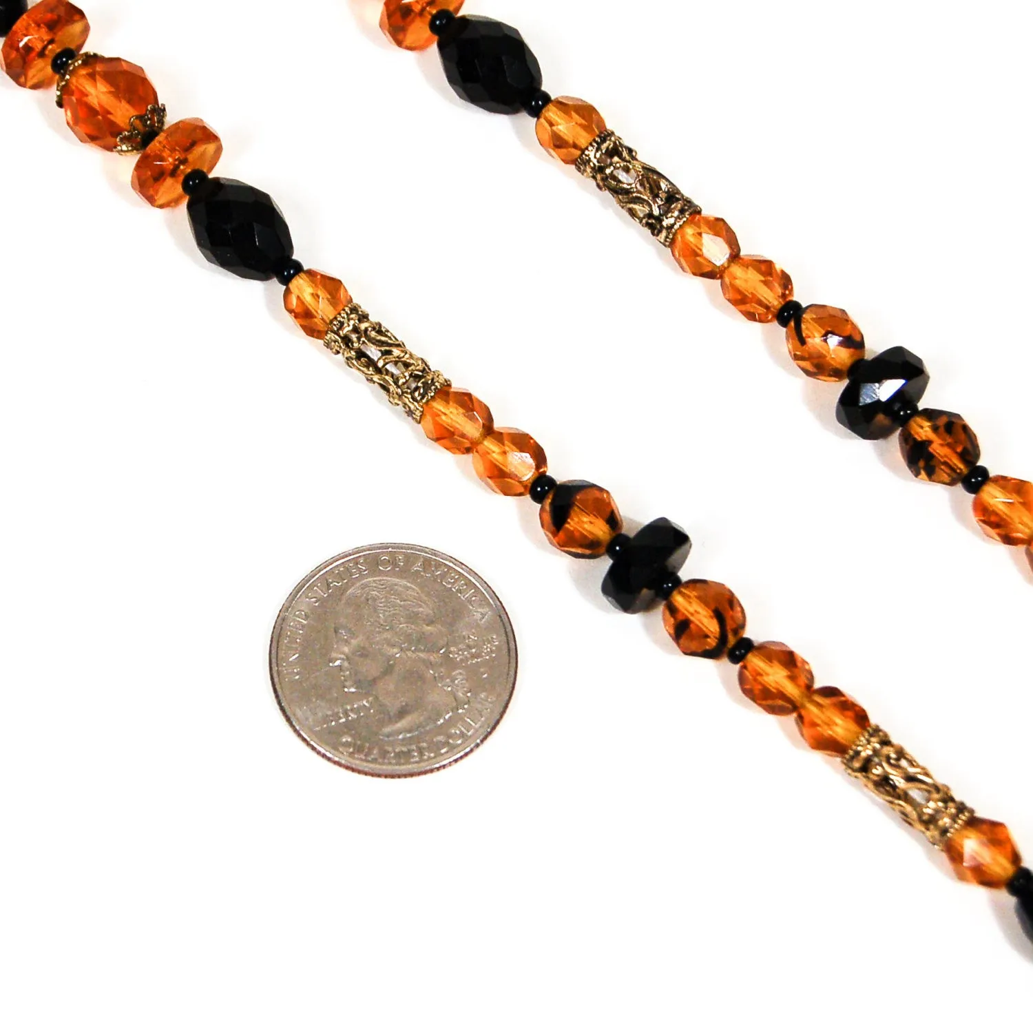 Art Deco Necklace, Amber and Black Glass Beads, Filigree Accents, Czech Crystal, 1920s, 1930s