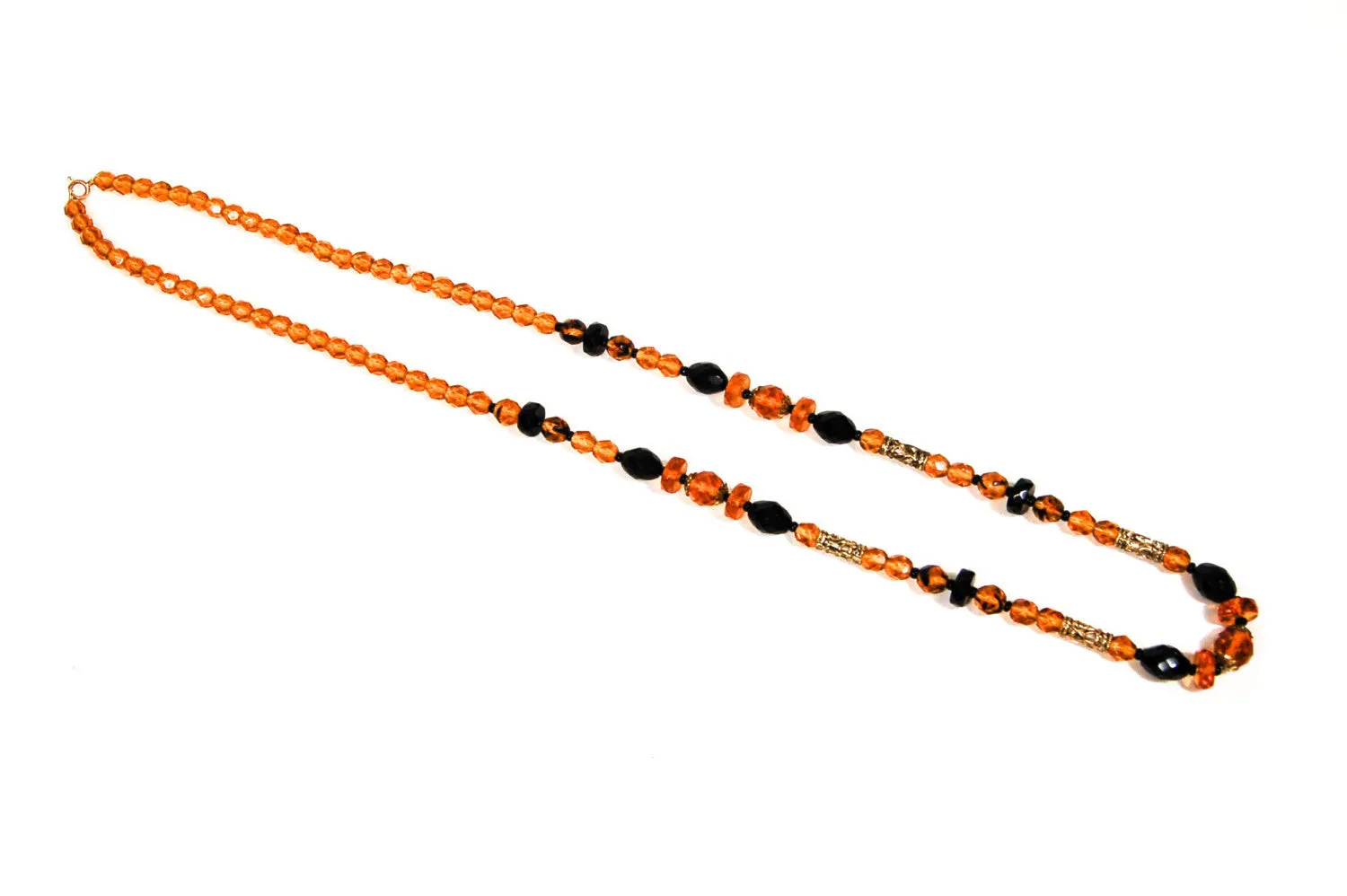 Art Deco Necklace, Amber and Black Glass Beads, Filigree Accents, Czech Crystal, 1920s, 1930s