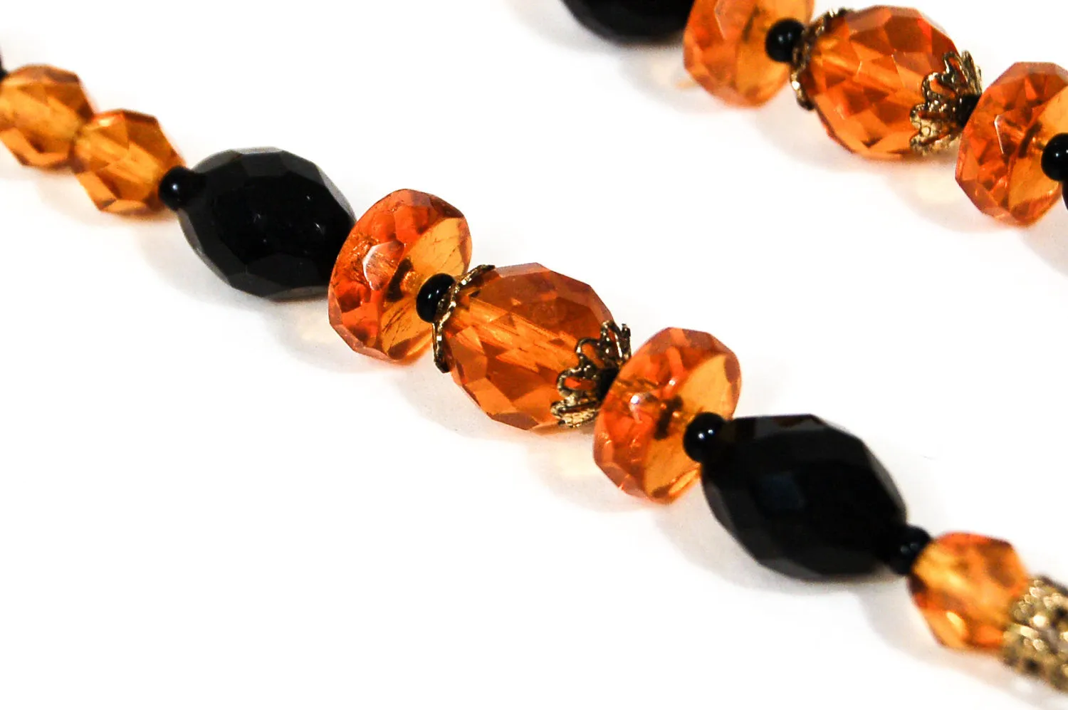 Art Deco Necklace, Amber and Black Glass Beads, Filigree Accents, Czech Crystal, 1920s, 1930s