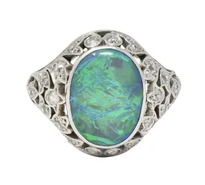 Art Deco Opal Diamond Platinum Ivy Bombé Vintage Gemstone Ring