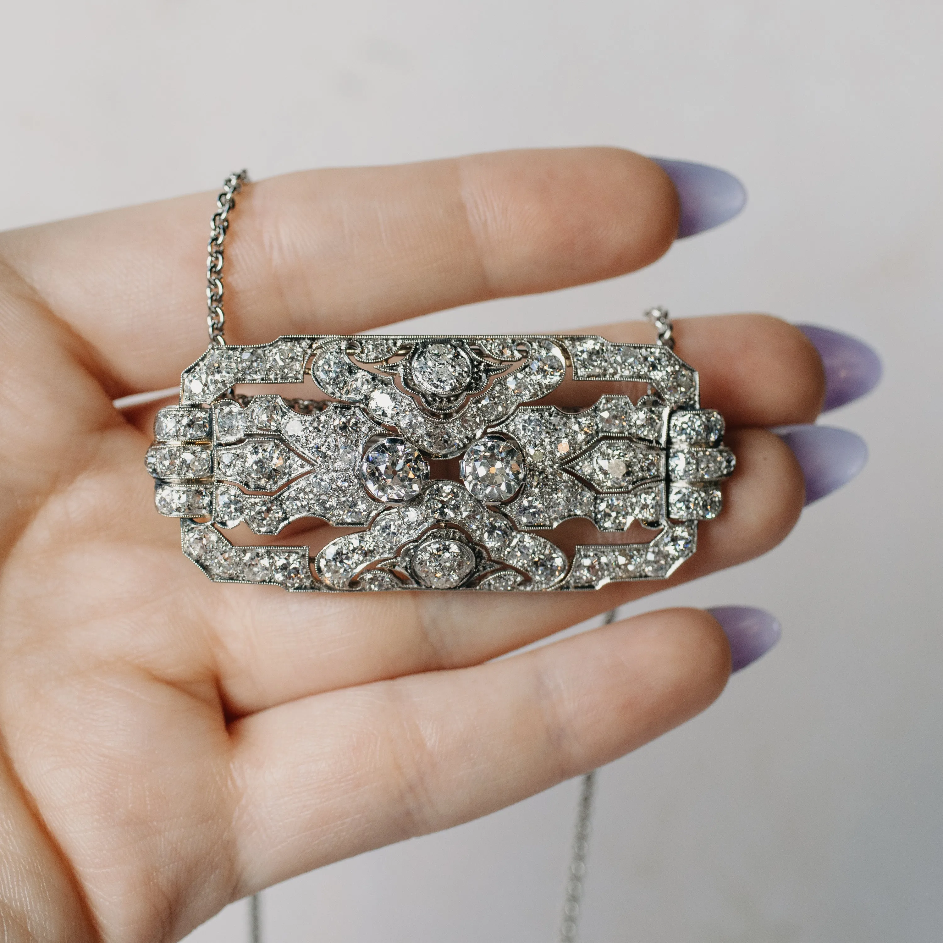 Art Deco Platinum Diamond Brooch Necklace