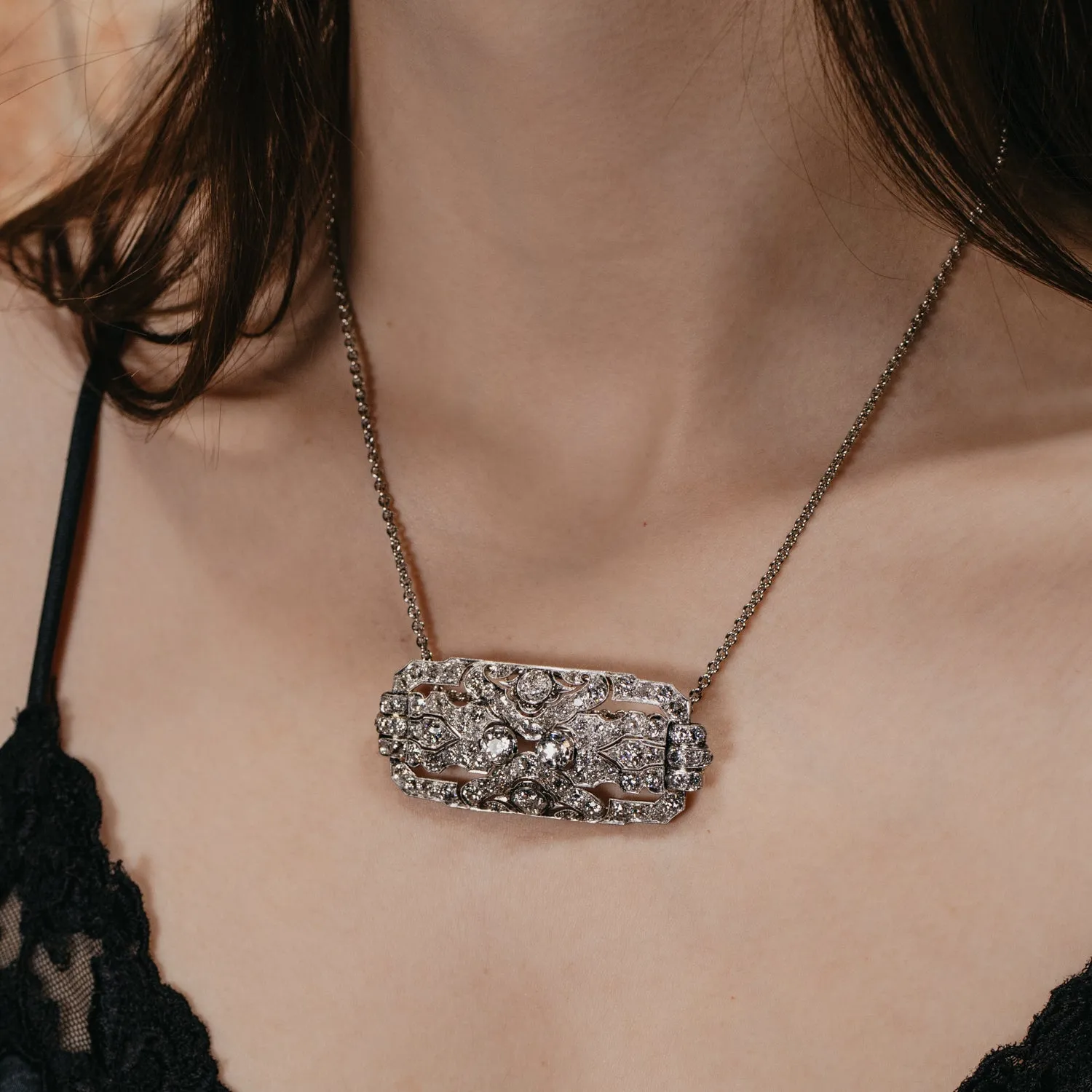 Art Deco Platinum Diamond Brooch Necklace