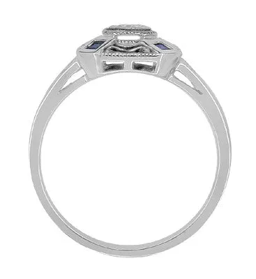 Art Deco Square Sapphires and Diamond Engraved Ring in Sterling Silver