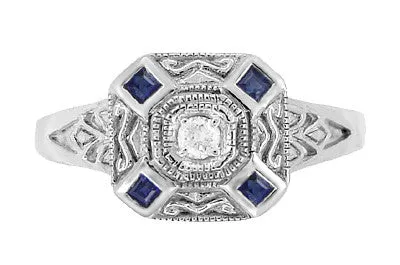 Art Deco Square Sapphires and Diamond Engraved Ring in Sterling Silver