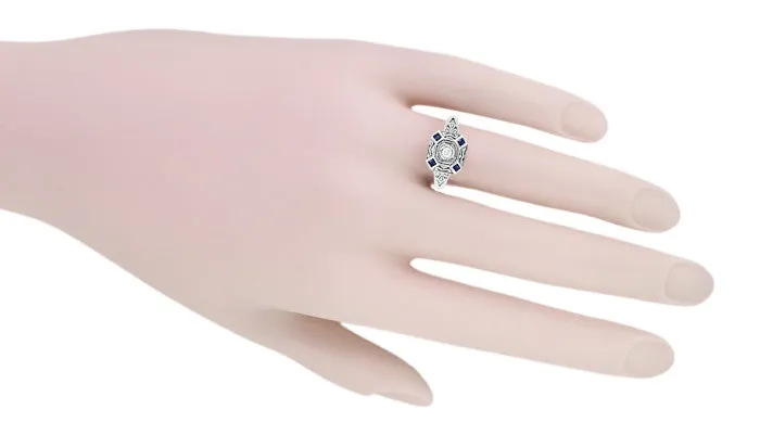 Art Deco Square Sapphires and Diamond Engraved Ring in Sterling Silver