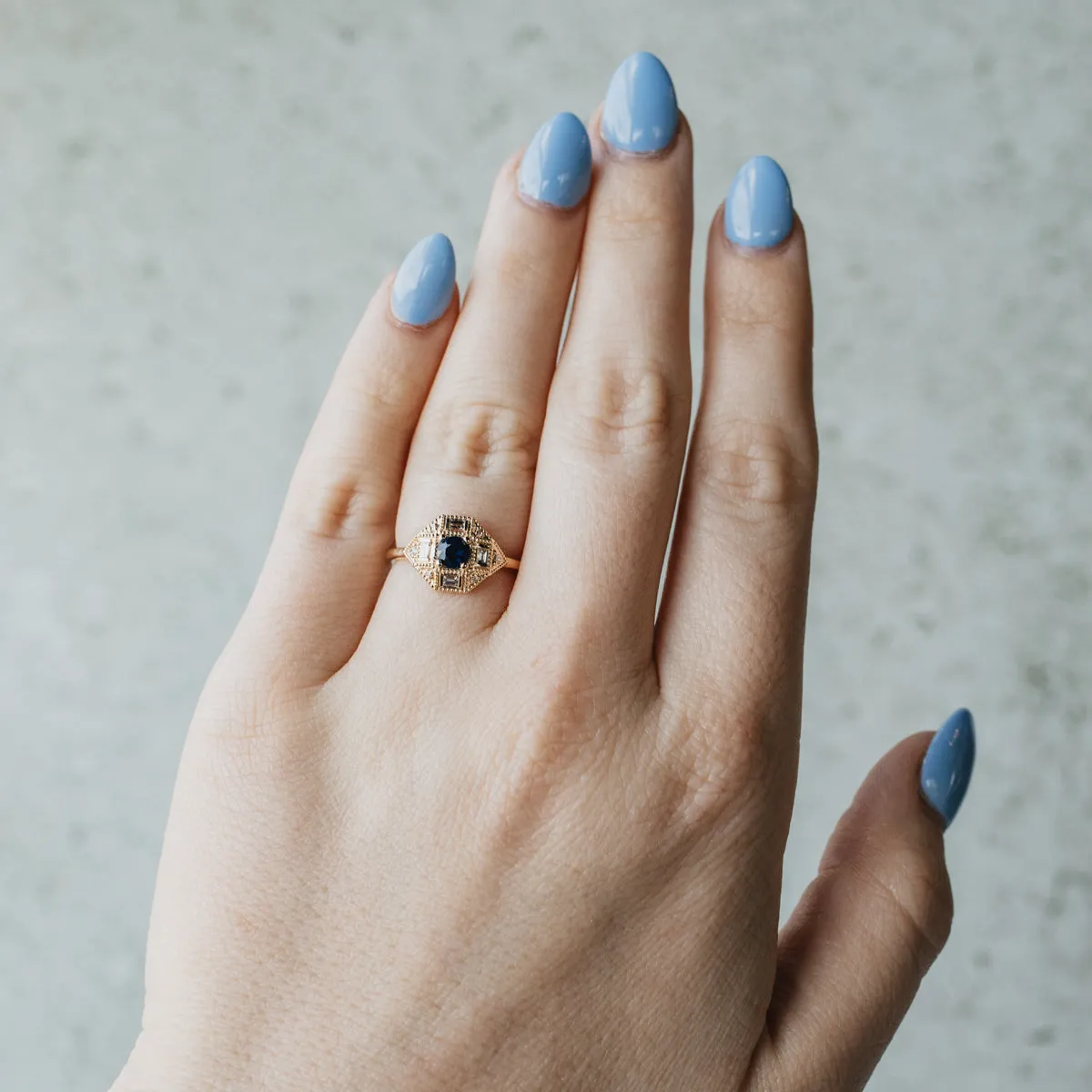 Art Deco Style, Modern Sapphire and Lab Diamond Ring