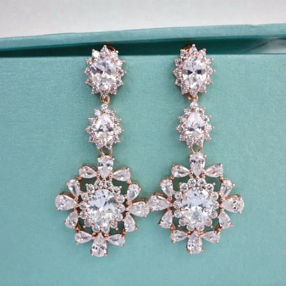 Art Deco Vintage Style Rose Gold Bridal Earrings, CZ Crystal Wedding Earrings, Long Chandelier Statement Earrings, Bridesmaid Earrings