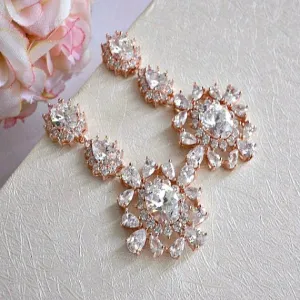 Art Deco Vintage Style Rose Gold Bridal Earrings, CZ Crystal Wedding Earrings, Long Chandelier Statement Earrings, Bridesmaid Earrings