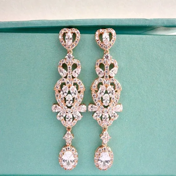 Art Deco Vintage Style Rose Gold Bridal Earrings, CZ Crystal Wedding Earrings, Long Chandelier Statement Earrings, Bridesmaid Earrings