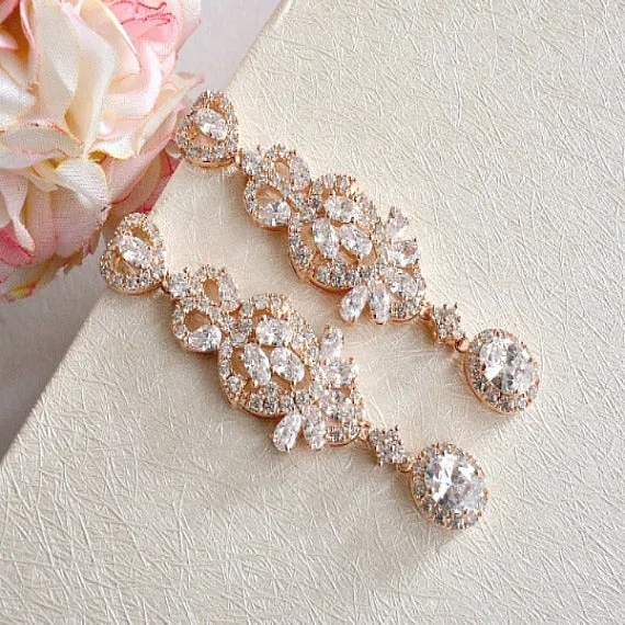 Art Deco Vintage Style Rose Gold Bridal Earrings, CZ Crystal Wedding Earrings, Long Chandelier Statement Earrings, Bridesmaid Earrings