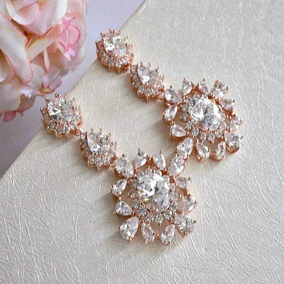 Art Deco Vintage Style Rose Gold Bridal Earrings, CZ Crystal Wedding Earrings, Long Chandelier Statement Earrings, Bridesmaid Earrings