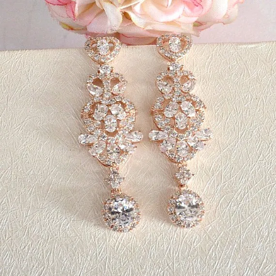 Art Deco Vintage Style Rose Gold Bridal Earrings, CZ Crystal Wedding Earrings, Long Chandelier Statement Earrings, Bridesmaid Earrings