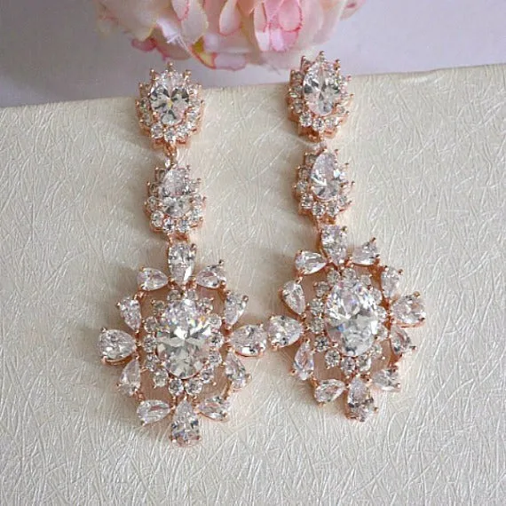 Art Deco Vintage Style Rose Gold Bridal Earrings, CZ Crystal Wedding Earrings, Long Chandelier Statement Earrings, Bridesmaid Earrings
