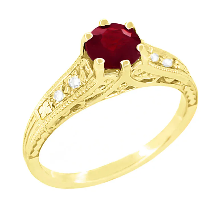 Art Deco Yellow Gold Vintage Reissue Filigree Ruby Engagement Ring with Side Diamonds