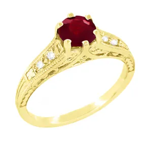 Art Deco Yellow Gold Vintage Reissue Filigree Ruby Engagement Ring with Side Diamonds