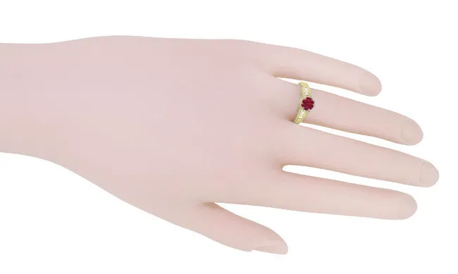 Art Deco Yellow Gold Vintage Reissue Filigree Ruby Engagement Ring with Side Diamonds