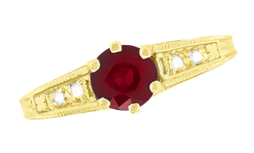 Art Deco Yellow Gold Vintage Reissue Filigree Ruby Engagement Ring with Side Diamonds
