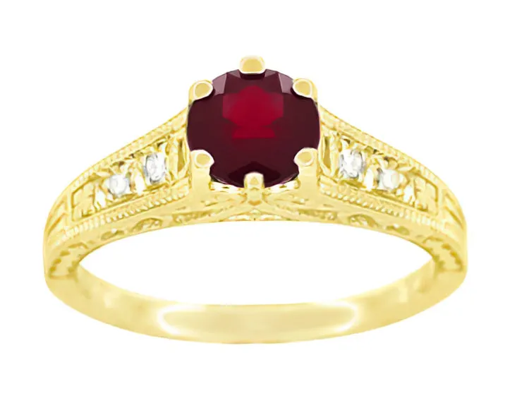 Art Deco Yellow Gold Vintage Reissue Filigree Ruby Engagement Ring with Side Diamonds