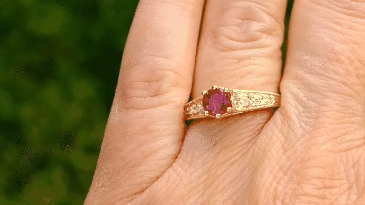 Art Deco Yellow Gold Vintage Reissue Filigree Ruby Engagement Ring with Side Diamonds