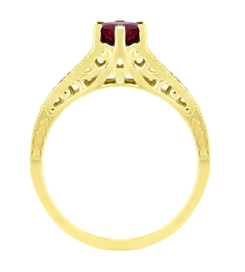 Art Deco Yellow Gold Vintage Reissue Filigree Ruby Engagement Ring with Side Diamonds