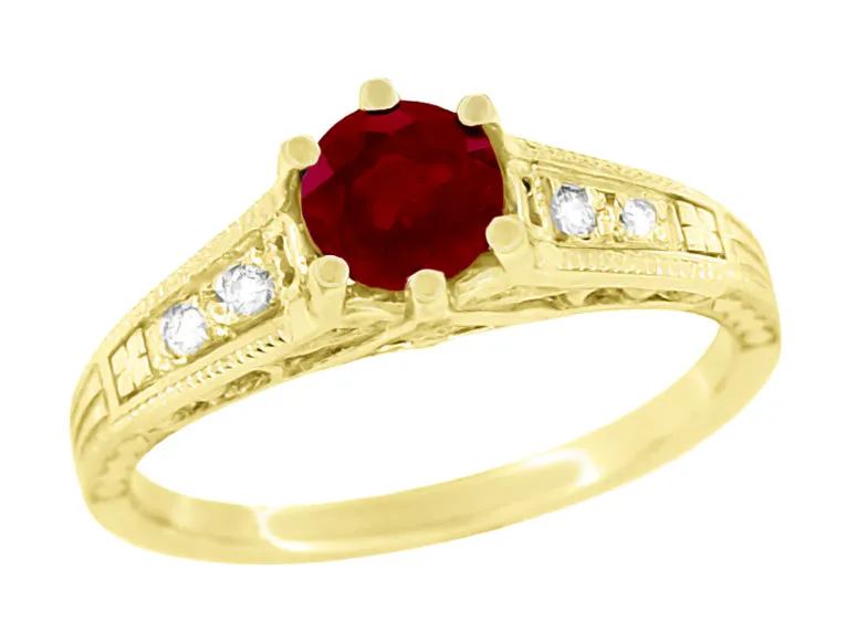 Art Deco Yellow Gold Vintage Reissue Filigree Ruby Engagement Ring with Side Diamonds