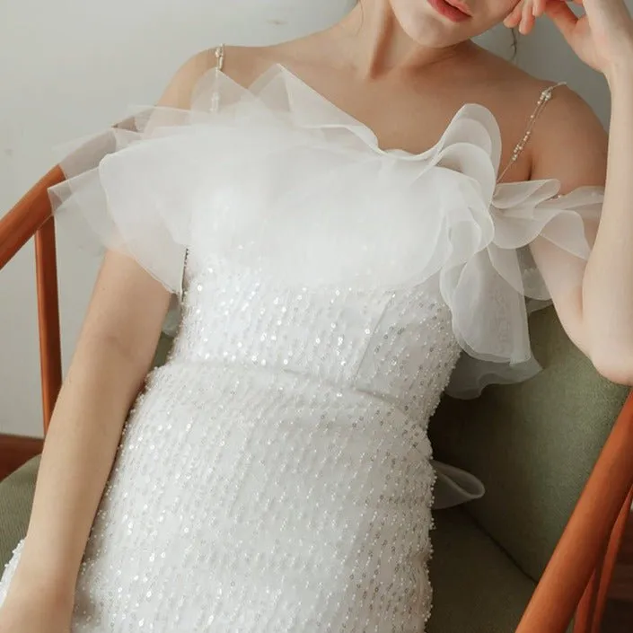 Beaded Lace Fabric Ruffle Wedding Dress