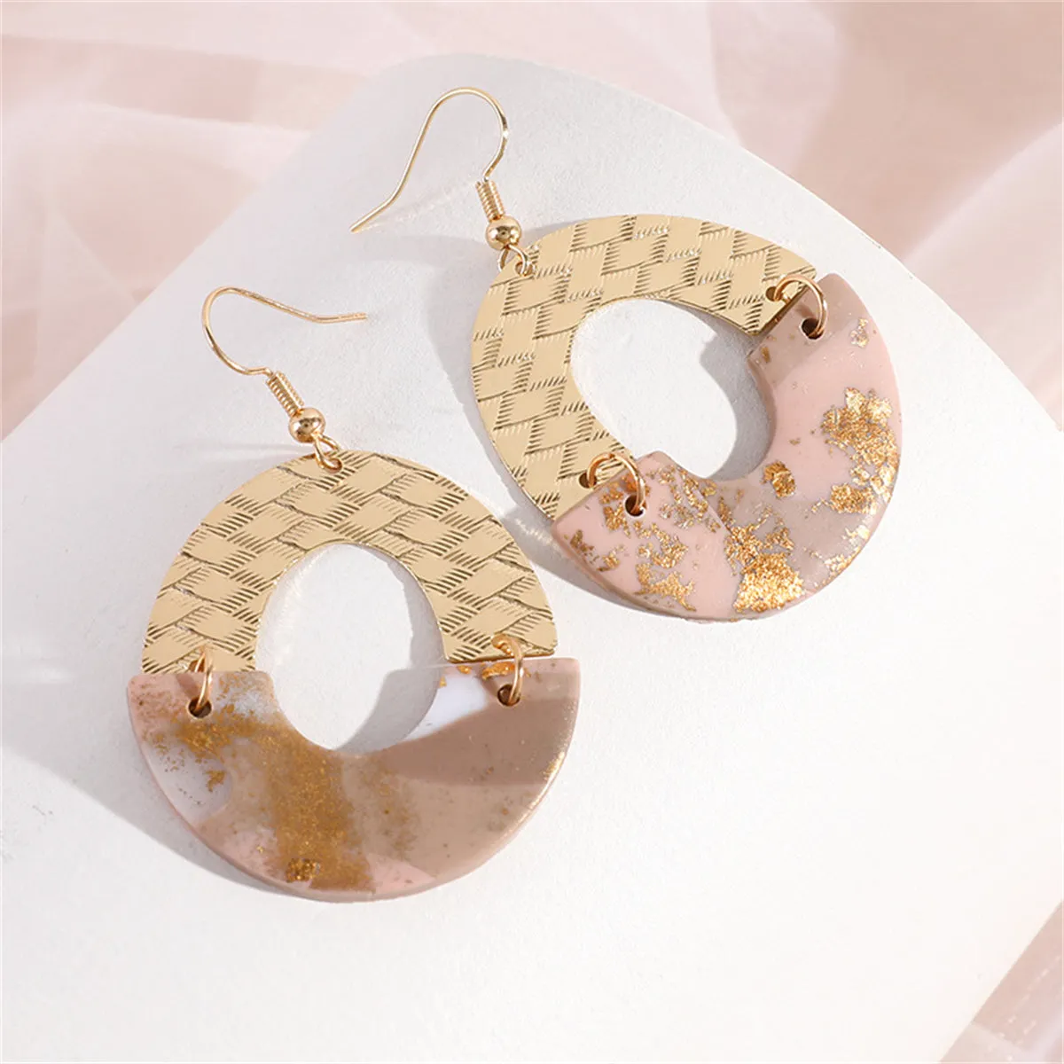 Beige Resin & 18K Gold-Plated Patchwork Open Drop Earrings