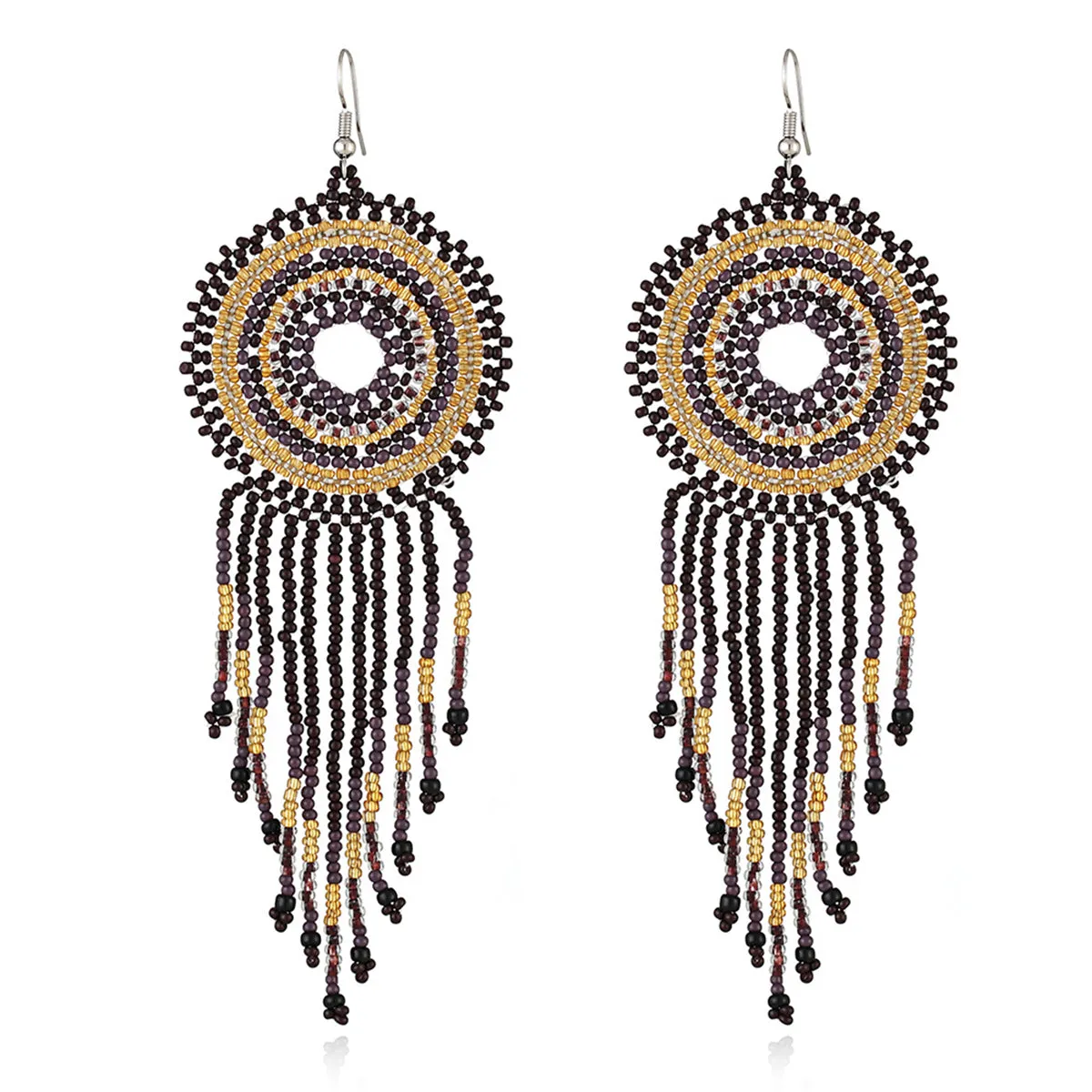 Black & Golden Howlite Round Tassel Drop Earrings